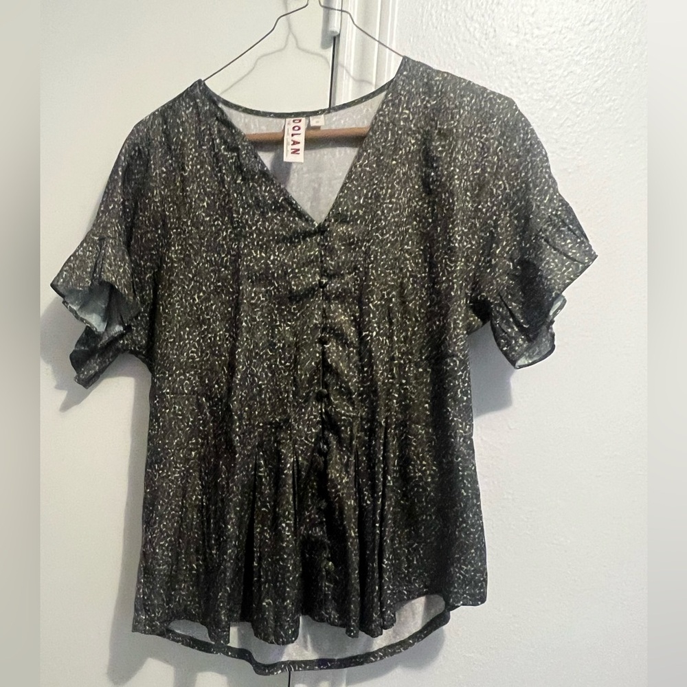 Anthropologie Dolan Blouse XS Olive Green Ruffle Sleeve